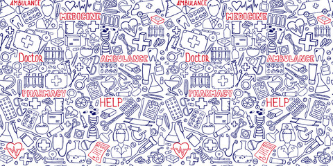 Obraz premium Medicine seamless doodle pattern for your design. Hand drawn Health care, pharmacy, medical cartoon background. Vector illustrations eps 10.