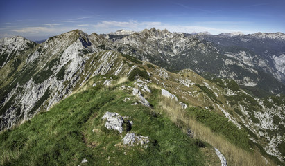 View from the top of mountain Sija to mountain Vogel in Julian Alps, Slovenia
