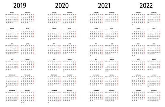 Simple calendar 2019, 2020, 2021, 2022. Simple editable vector calendar 2019, 2020, 2021, 2022 Monday first. Week starts on Monday.