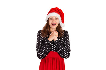 happy european girlfriend in dress, clasping hands together over chest and smiling joyfully, being glad receiving great awesome news isolated on white background