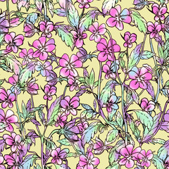 Fototapeta premium Floral seamless pattern. Ink hand-drawn elements. Modern design/pansies, pansy, heartsease, kiss-me-quick, love-in-idleness flowers