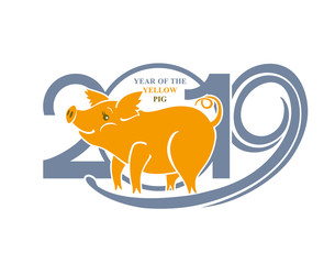 Simple template with a Yellow Pig in 2019. New Year's design. Vector pattern.