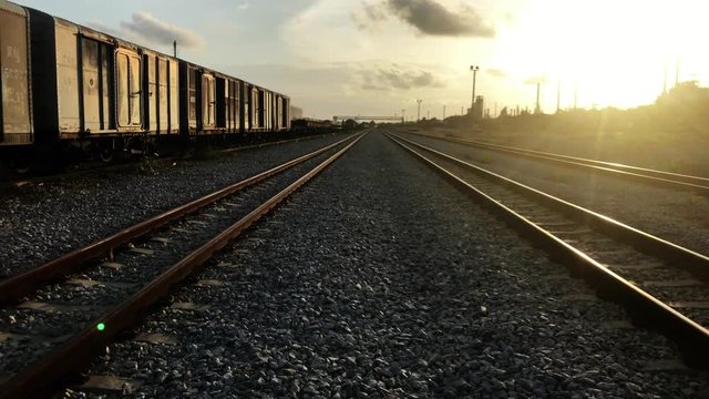 Old rusty train. Old railed and rail tracks.