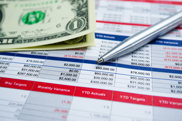Fototapeta premium US dollar banknote spreadsheet table paper. Finance development, Banking Account, Statistics Investment Analytic research data economy, trading, reporting Business company meeting concept.