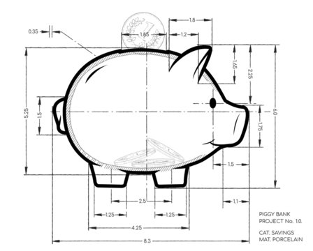 Project - pencil scheme of cute piggy bank. Working sketch of money container in pig  form with dimensions.
