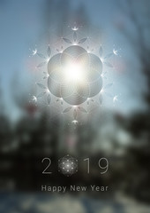 Vector festive template; Spiritual sacred geometry; "Flower of life" and crystal ice snowflake on fairytale winter photographic background; New year and Christmas; Yoga, meditation and relax.