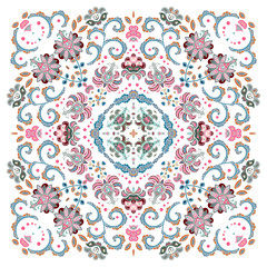 authentic silk neck scarf or kerchief square pattern design in eastern style for print on fabric, vector illustration. Pastel delicate fantasy flower on white background.