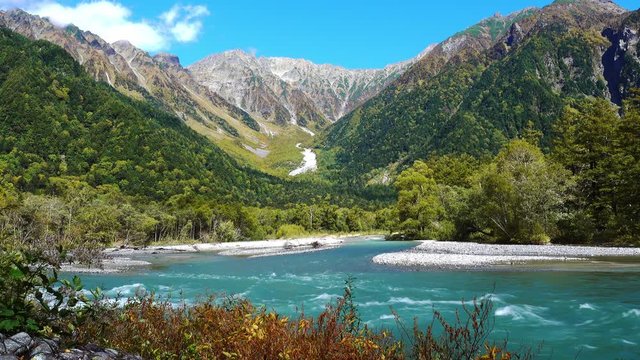 4K, Kamikochi National Park in the Northern Japan Alps of Nagano, Matsumoto, Japan with Azusa river sound, landscape, travel and nature concept