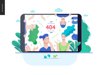 Business series, color 3 - error 404 -modern flat vector concept illustration of page Error 404 - puzzled people on the tablet screen. Page not found metaphor Creative landing page design template