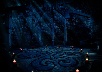 Paganist temple in night forest