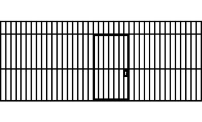 A front view of the bars of a jail cell with iron bars and a door on an isolated background vector eps 10
