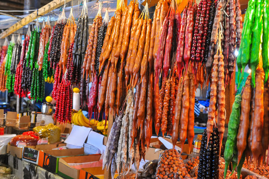 Traditional sweet snack Churchkhela in Georgian bazaar, Telavi, Georgia 