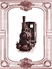 Narrow gauge industrial steam locomotive inside vintage frame, sepia color.