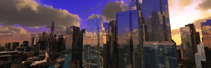 Modern city with skyscrapers at sunset
