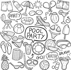 Pool Party Summer Traditional Doodle Icons Sketch Hand Made Design Vector