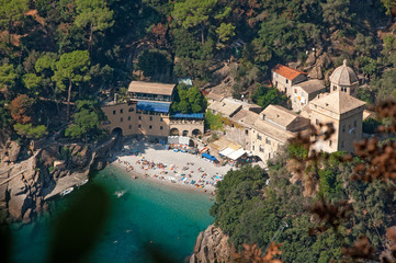 Naklejka premium San Fruttuoso, Liguria, Italy: Monastery and beach seen from above