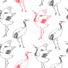 Vector seamless pattern with dancing cranes couple isolated on white. Hand drawn texture with beautiful birds. Animal sketch.