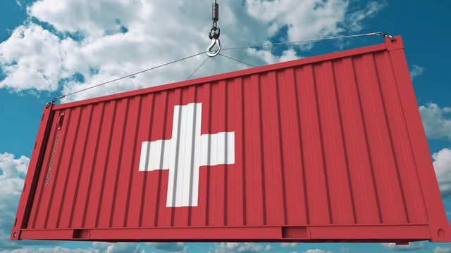 Container with flag of Switzerland. Swiss import or export related conceptual 3D animation