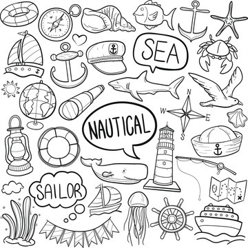 Nautical Sea Life Traditional Doodle Icons Sketch Hand Made Design Vector