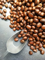 Roasted chestnuts pile and scoop in stainless steel tray on healthy food concept, top view with copy space