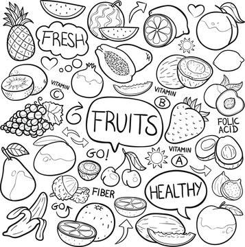 Fruit Vegetable Food Traditional Doodle Icons Sketch Hand Made Design Vector