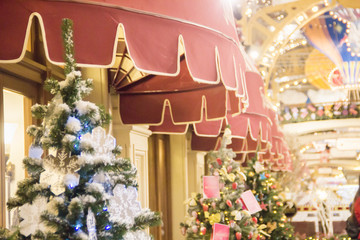 Christmas tree background and Christmas decor. Many different fir trees in the mall,decoration of a restaurant