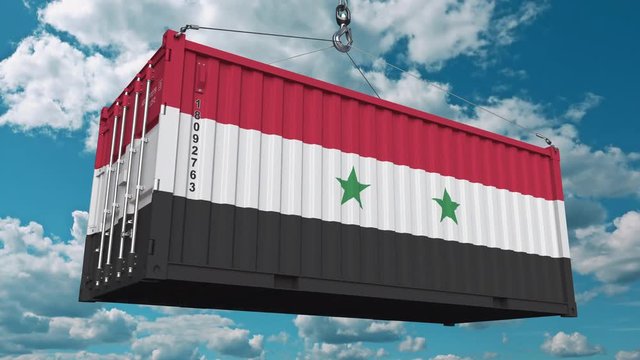 Cargo container with flag of Syria. Syrian import or export related conceptual 3D animation