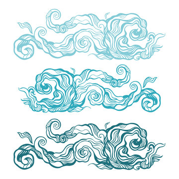 Ocean waves set, isolated on white background, vector illustration. Elegant Hand Drawn pattern