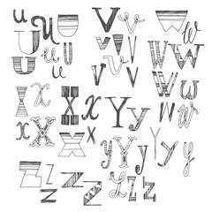 Hand drawn font with several variants of letters. U, V, W, X, Y and Z. Part 4 of doodle anonymous alphabet.