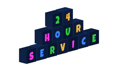 24 Hour Service - multi-colored text written on isolated 3d boxes on white background