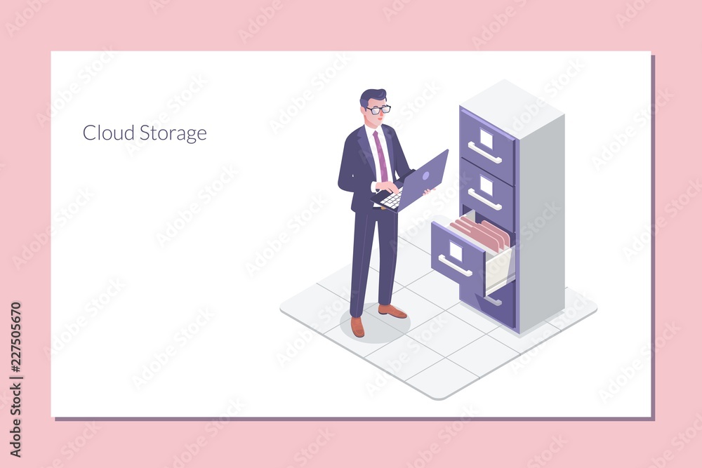 Poster isometric folder archive. cloud storage.landing page concept.