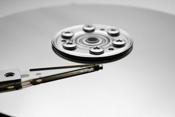 Close up of hard disk's internal mechanism hardware