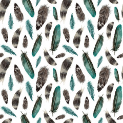 watercolor hand painting feathers. seamless pattern on a white background.