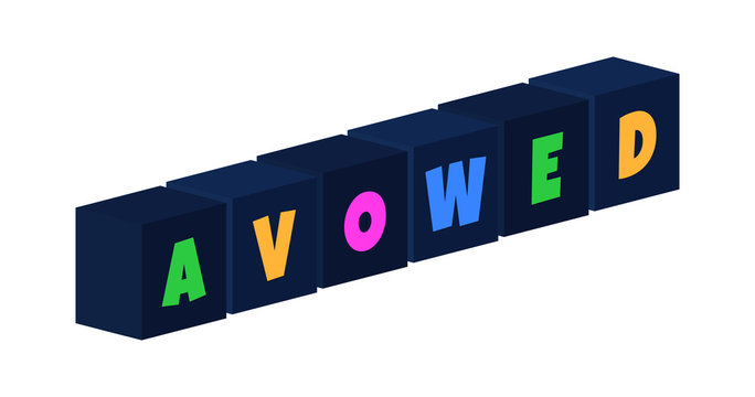 Avowed - multi-colored text written on isolated 3d boxes on white background
