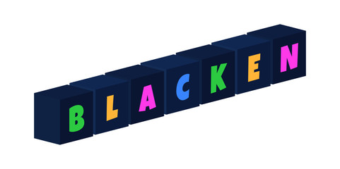 Blacken - multi-colored text written on isolated 3d boxes on white background