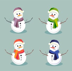 Vector cartoon image of a set of cute white snowmens on a white background. Color image. Christmas, New Year. Vector illustration.