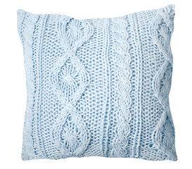 Handmade stylish light blue knitted pillow on a white background.