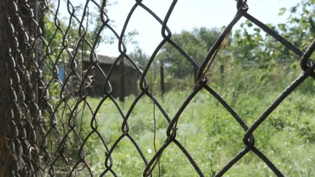 Rabitz. Old fence on background of countryside. Slider shot
