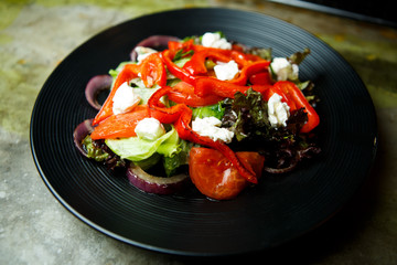 Salad with vegetables and feta cheese in the steel plate