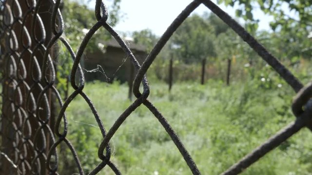 Slider shot of steel wire lattice fence on background of green nature. Texture
