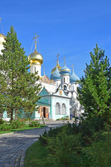 The Trinity Cathedral was the first stone structure in the Trinity-Sergius Lavra and was built in 1422 by Serbian monks. Russia, Sergiev Posad, September 2018.