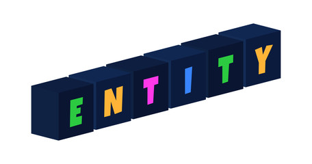 Entity - multi-colored text written on isolated 3d boxes on white background