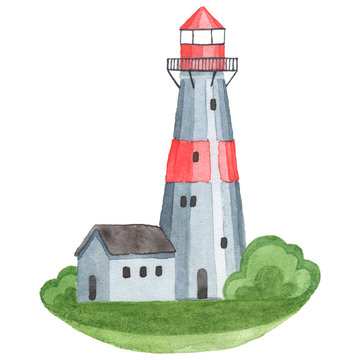 Marine theme. Lighthouse on a white background. Watercolor Handpainting.