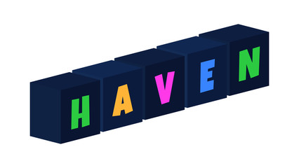 Haven - multi-colored text written on isolated 3d boxes on white background