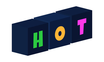 Hot - multi-colored text written on isolated 3d boxes on white background