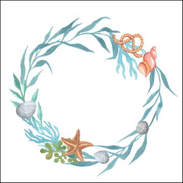 Marine theme. Wreath on a white background. Watercolor Handpainting.