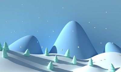 Winter forest landscape with mountains and snow. 3d rendering