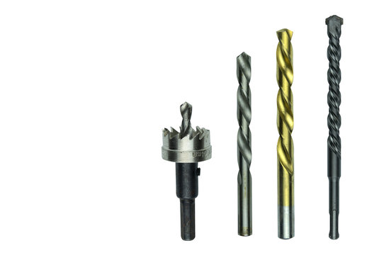 Metal Tools Multi Type Of Brass Drill Bits Use In Home Repair And Industrial Construction Isolated On White Background.