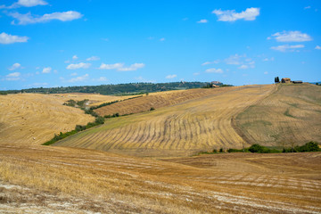 Fototapeta na wymiar Yellow wheat fields of Tuscany, Italy, after harvest