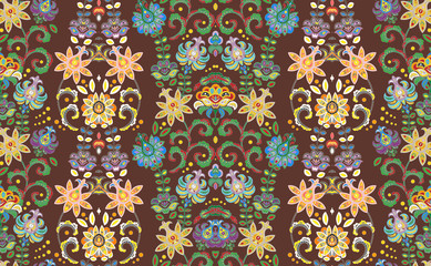Striped pattern with flowers. Fantastic floral seamless ornament. Vintage flowers seamless ornament in blue brown colors. Floral wallpaper.